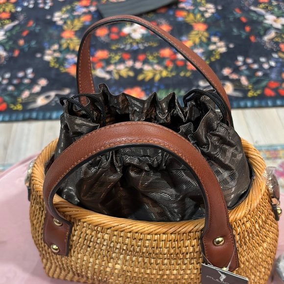 Woven Straw Tote with Brown Leather Handles - Picture 4 of 7